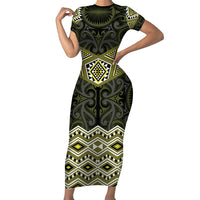 New Zealand Aotearoa Family Matching Short Sleeve Bodycon Dress and Hawaiian Shirt Yellow Taniko Art Maori Pattern