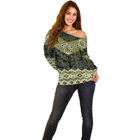 New Zealand Aotearoa Off Shoulder Sweater Yellow Taniko Art Maori Pattern