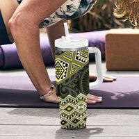 New Zealand Aotearoa Tumbler With Handle Yellow Taniko Art Maori Pattern