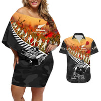 New Zealand ANZAC Rugby Couples Matching Off Shoulder Short Dress and Hawaiian Shirt Soldier Fern With Kiwi Bird LT05 Black - Polynesian Pride