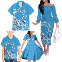 Personalised Penrhyn Gospel Day Family Matching Off The Shoulder Long Sleeve Dress and Hawaiian Shirt Cook Islands Tribal Pattern