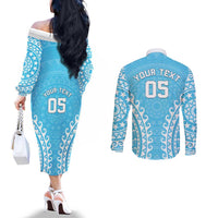 Custom Cook Islands Mauke Couples Matching Off The Shoulder Long Sleeve Dress and Long Sleeve Button Shirt Polynesian Tribal Tattoo
