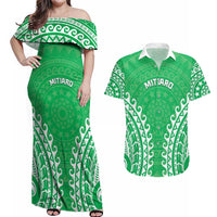 Custom Cook Islands Mitiaro Couples Matching Off Shoulder Maxi Dress and Hawaiian Shirt Polynesian Tribal Tattoo