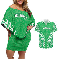 Custom Cook Islands Mitiaro Couples Matching Off Shoulder Short Dress and Hawaiian Shirt Polynesian Tribal Tattoo