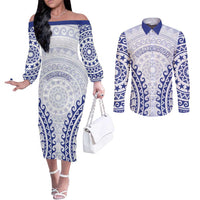 Custom Cook Islands Palmerston Couples Matching Off The Shoulder Long Sleeve Dress and Long Sleeve Button Shirt Polynesian Tribal Tattoo