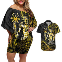 Filipinos Lapu Lapu Hero Couples Matching Off Shoulder Short Dress and Hawaiian Shirt Gold Polynesian Tribal Tattoo