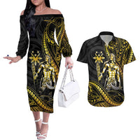 Filipinos Lapu Lapu Hero Couples Matching Off The Shoulder Long Sleeve Dress and Hawaiian Shirt Gold Polynesian Tribal Tattoo LT05 Gold - Polynesian Pride