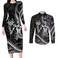 Filipinos Lapu Lapu Hero Couples Matching Long Sleeve Bodycon Dress and Long Sleeve Button Shirt Black Polynesian Tribal Tattoo