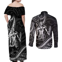Filipinos Lapu Lapu Hero Couples Matching Off Shoulder Maxi Dress and Long Sleeve Button Shirt Black Polynesian Tribal Tattoo