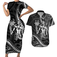 Filipinos Lapu Lapu Hero Couples Matching Short Sleeve Bodycon Dress and Hawaiian Shirt Black Polynesian Tribal Tattoo