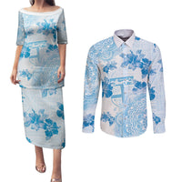 Happy Fiji Girmit Day Couples Matching Puletasi and Long Sleeve Button Shirt Fijian Tapa With Mandala Pattern LT05 Blue - Polynesian Pride