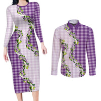 Violet Hawaii Palaka Couples Matching Long Sleeve Bodycon Dress and Long Sleeve Button Shirt Maile Pikake Honohono Orchid Lei LT05 Violet - Polynesian Pride