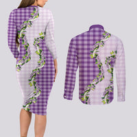 Violet Hawaii Palaka Couples Matching Long Sleeve Bodycon Dress and Long Sleeve Button Shirt Maile Pikake Honohono Orchid Lei LT05 - Polynesian Pride