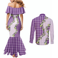 Violet Hawaii Palaka Couples Matching Mermaid Dress and Long Sleeve Button Shirt Maile Pikake Honohono Orchid Lei LT05 - Polynesian Pride