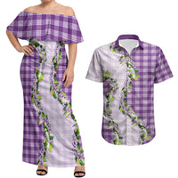 Violet Hawaii Palaka Couples Matching Off Shoulder Maxi Dress and Hawaiian Shirt Maile Pikake Honohono Orchid Lei LT05 Violet - Polynesian Pride