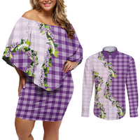 Violet Hawaii Palaka Couples Matching Off Shoulder Short Dress and Long Sleeve Button Shirt Maile Pikake Honohono Orchid Lei