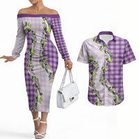 Violet Hawaii Palaka Couples Matching Off The Shoulder Long Sleeve Dress and Hawaiian Shirt Maile Pikake Honohono Orchid Lei LT05 Violet - Polynesian Pride