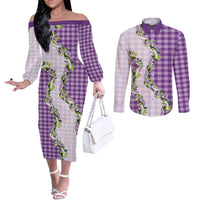 Violet Hawaii Palaka Couples Matching Off The Shoulder Long Sleeve Dress and Long Sleeve Button Shirt Maile Pikake Honohono Orchid Lei LT05 Violet - Polynesian Pride