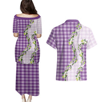 Violet Hawaii Palaka Couples Matching Puletasi and Hawaiian Shirt Maile Pikake Honohono Orchid Lei