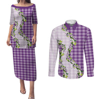 Violet Hawaii Palaka Couples Matching Puletasi and Long Sleeve Button Shirt Maile Pikake Honohono Orchid Lei LT05 Violet - Polynesian Pride