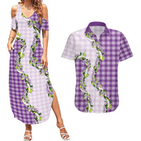 Violet Hawaii Palaka Couples Matching Summer Maxi Dress and Hawaiian Shirt Maile Pikake Honohono Orchid Lei LT05 Violet - Polynesian Pride
