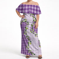 Violet Hawaii Palaka Off Shoulder Maxi Dress Maile Pikake Honohono Orchid Lei LT05 Women Violet - Polynesian Pride