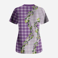 Violet Hawaii Palaka Scrub Top Maile Pikake Honohono Orchid Lei