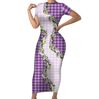 Violet Hawaii Palaka Short Sleeve Bodycon Dress Maile Pikake Honohono Orchid Lei LT05 Long Dress Violet - Polynesian Pride