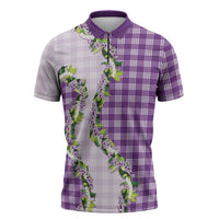 Violet Hawaii Palaka Zipper Polo Shirt Maile Pikake Honohono Orchid Lei