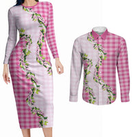 Pink Hawaii Palaka Couples Matching Long Sleeve Bodycon Dress and Long Sleeve Button Shirt Maile Pikake Honohono Orchid Lei LT05 Pink - Polynesian Pride