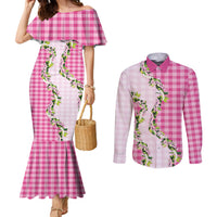 Pink Hawaii Palaka Couples Matching Mermaid Dress and Long Sleeve Button Shirt Maile Pikake Honohono Orchid Lei LT05 Pink - Polynesian Pride