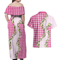 Pink Hawaii Palaka Couples Matching Off Shoulder Maxi Dress and Hawaiian Shirt Maile Pikake Honohono Orchid Lei LT05 - Polynesian Pride