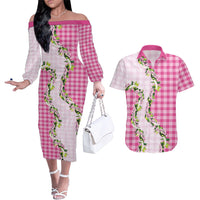 Pink Hawaii Palaka Couples Matching Off The Shoulder Long Sleeve Dress and Hawaiian Shirt Maile Pikake Honohono Orchid Lei LT05 Pink - Polynesian Pride