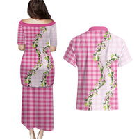 Pink Hawaii Palaka Couples Matching Puletasi and Hawaiian Shirt Maile Pikake Honohono Orchid Lei