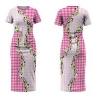 Pink Hawaii Palaka Couples Matching Short Sleeve Bodycon Dress and Long Sleeve Button Shirt Maile Pikake Honohono Orchid Lei LT05 - Polynesian Pride