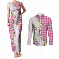 Pink Hawaii Palaka Couples Matching Tank Maxi Dress and Long Sleeve Button Shirt Maile Pikake Honohono Orchid Lei LT05 Pink - Polynesian Pride