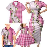 Pink Hawaii Palaka Family Matching Short Sleeve Bodycon Dress and Hawaiian Shirt Maile Pikake Honohono Orchid Lei LT05 - Polynesian Pride