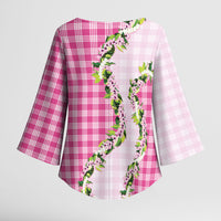 Pink Hawaii Palaka Kimono Sleeve Blouse Maile Pikake Honohono Orchid Lei