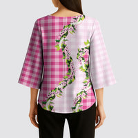 Pink Hawaii Palaka Kimono Sleeve Blouse Maile Pikake Honohono Orchid Lei