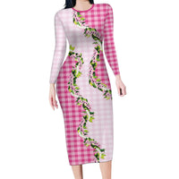 Pink Hawaii Palaka Long Sleeve Bodycon Dress Maile Pikake Honohono Orchid Lei LT05 Long Dress Pink - Polynesian Pride