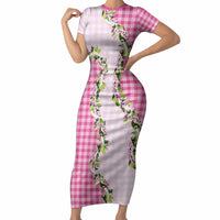 Pink Hawaii Palaka Short Sleeve Bodycon Dress Maile Pikake Honohono Orchid Lei LT05 Long Dress Pink - Polynesian Pride