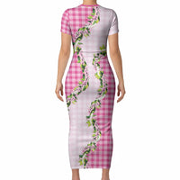 Pink Hawaii Palaka Short Sleeve Bodycon Dress Maile Pikake Honohono Orchid Lei LT05 - Polynesian Pride