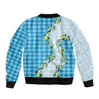 Blue Hawaii Palaka Bomber Jacket Maile Pikake Honohono Orchid Lei LT05 - Polynesian Pride