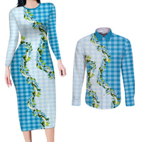 Blue Hawaii Palaka Couples Matching Long Sleeve Bodycon Dress and Long Sleeve Button Shirt Maile Pikake Honohono Orchid Lei LT05 Blue - Polynesian Pride