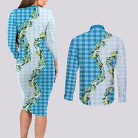 Blue Hawaii Palaka Couples Matching Long Sleeve Bodycon Dress and Long Sleeve Button Shirt Maile Pikake Honohono Orchid Lei LT05 - Polynesian Pride