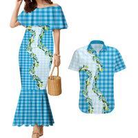 Blue Hawaii Palaka Couples Matching Mermaid Dress and Hawaiian Shirt Maile Pikake Honohono Orchid Lei LT05 Blue - Polynesian Pride