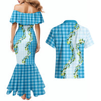 Blue Hawaii Palaka Couples Matching Mermaid Dress and Hawaiian Shirt Maile Pikake Honohono Orchid Lei LT05 - Polynesian Pride