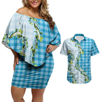 Blue Hawaii Palaka Couples Matching Off Shoulder Short Dress and Hawaiian Shirt Maile Pikake Honohono Orchid Lei LT05 Blue - Polynesian Pride