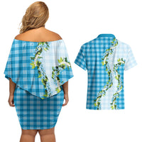 Blue Hawaii Palaka Couples Matching Off Shoulder Short Dress and Hawaiian Shirt Maile Pikake Honohono Orchid Lei LT05 - Polynesian Pride