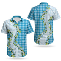 Blue Hawaii Palaka Couples Matching Off Shoulder Short Dress and Hawaiian Shirt Maile Pikake Honohono Orchid Lei LT05 - Polynesian Pride